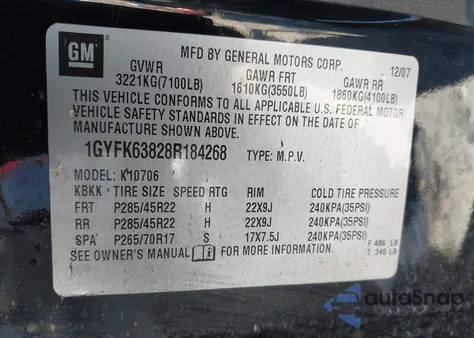 2008 Cadillac Escalade Standard z USA, uszkodzony, nr VIN 1GYFK63828R184268